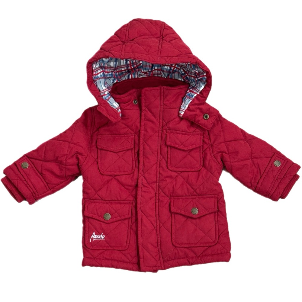 Pancho Kids Jacket Red Plaid Hooded with Pockets Winter Warm Size 6-9 Months